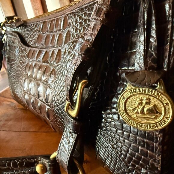 Brahmin Anytime Baguette Shoulder Bag – Melbourne Croc Embossed Leather Brown - Picture 11 of 17